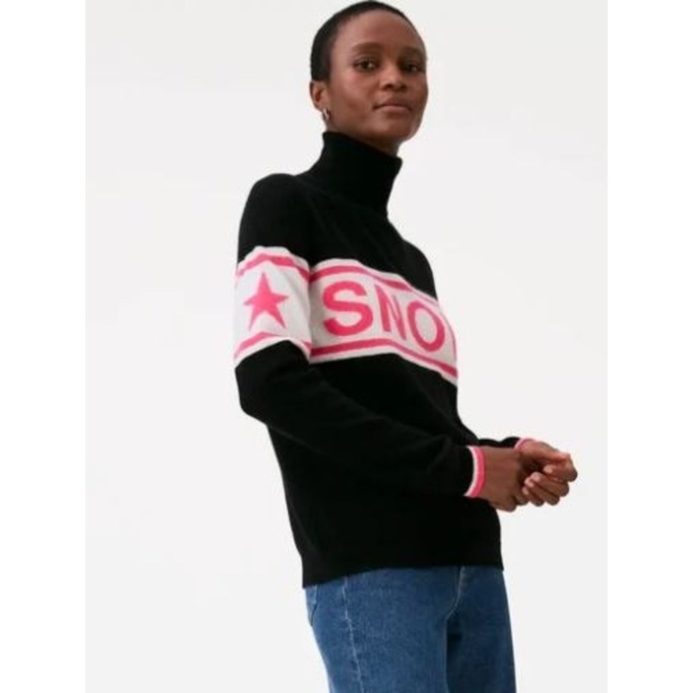 Brodie Cashmere Snow Babe Turtleneck Sweater Black Pink Star‎ 100% Cashmere M